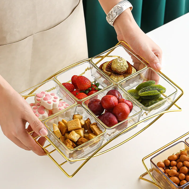 

New Glass Food Storage Plate Dessert Cake Biscuit Tray Nuts Candy Serving Platter Organizer Container With Metal Rack Container