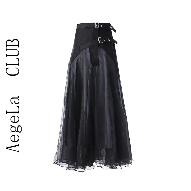 

VANOVICH European and American Dark Mesh Denim Stitching High Waist Skirt 2022 Spring and Autumn New Skirts for Women