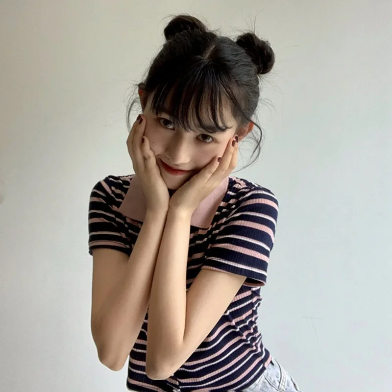 

Ladies Summer Stripe Lapel Casual Sweet Tee Shirt Korean Style Exposed Navel Short Sleeve T-Shirt Tops