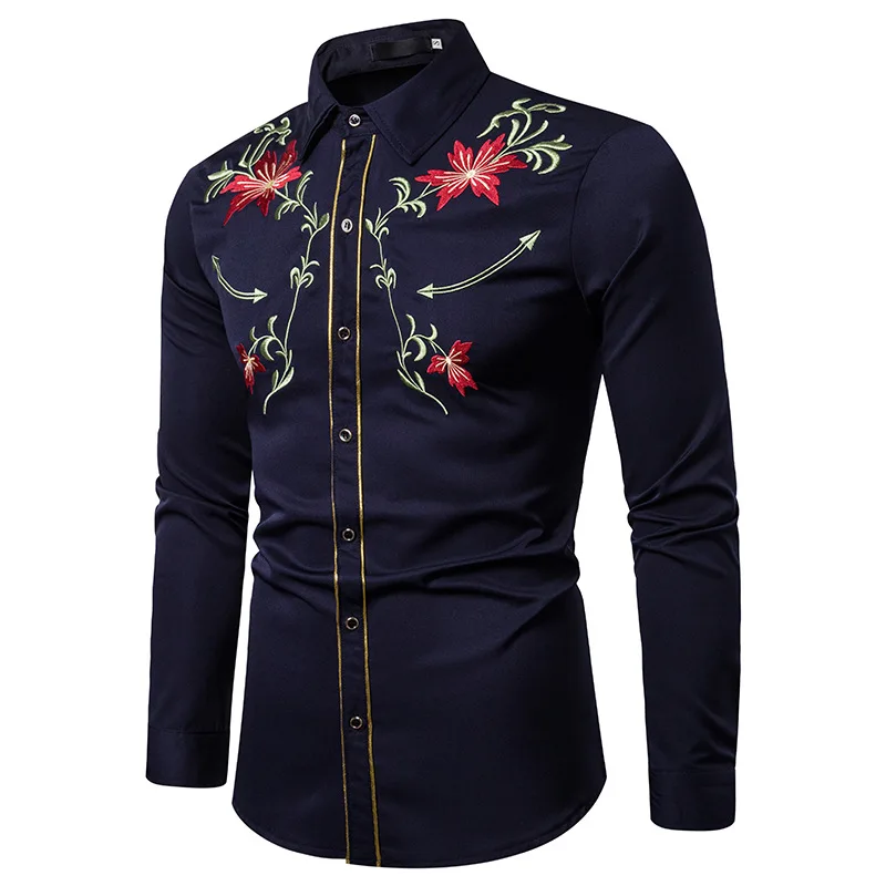 

Hot Flower embroidered shirt male long sleeve 2020 new autumn Korean trend chemise homme shirt casual wedding dress shirts