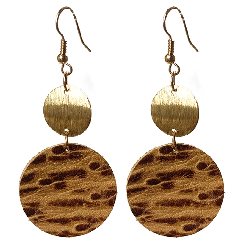 

Emboss Textured Drop Earring Fashion Jewelry Unique Retro Vintage Geometric Bohemian Metal Genuine Leather Earrings for Women