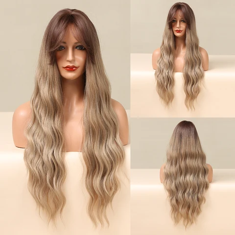 Long Wavy Synthetic Wigs with Bangs For Women Ombre Brown Blonde Highlight Hair Wig Water Wave Cosplay Daily Hair Heat Resistant