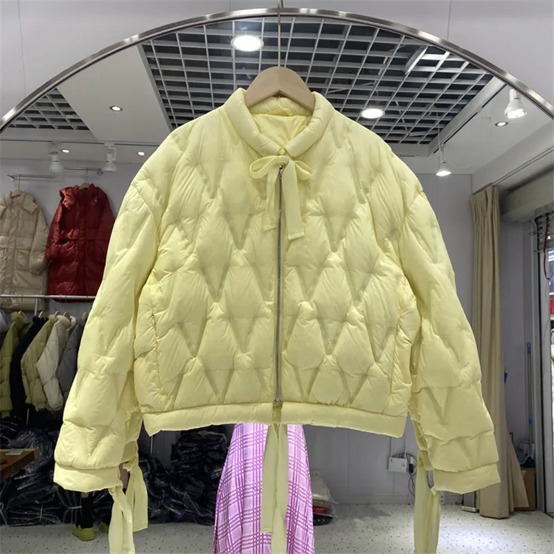 

Korean Women Fashion Bow Lace Up Lightweight Puffer Jacket Stand Collar White Duck Down Coat Winter Parkas Mujer Bomber Jackets