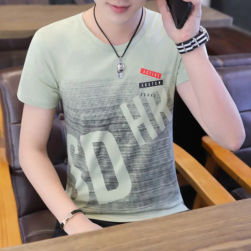 

New men's short sleeve T-shirt young men's undergarment top Korean slim thin print men's wear
