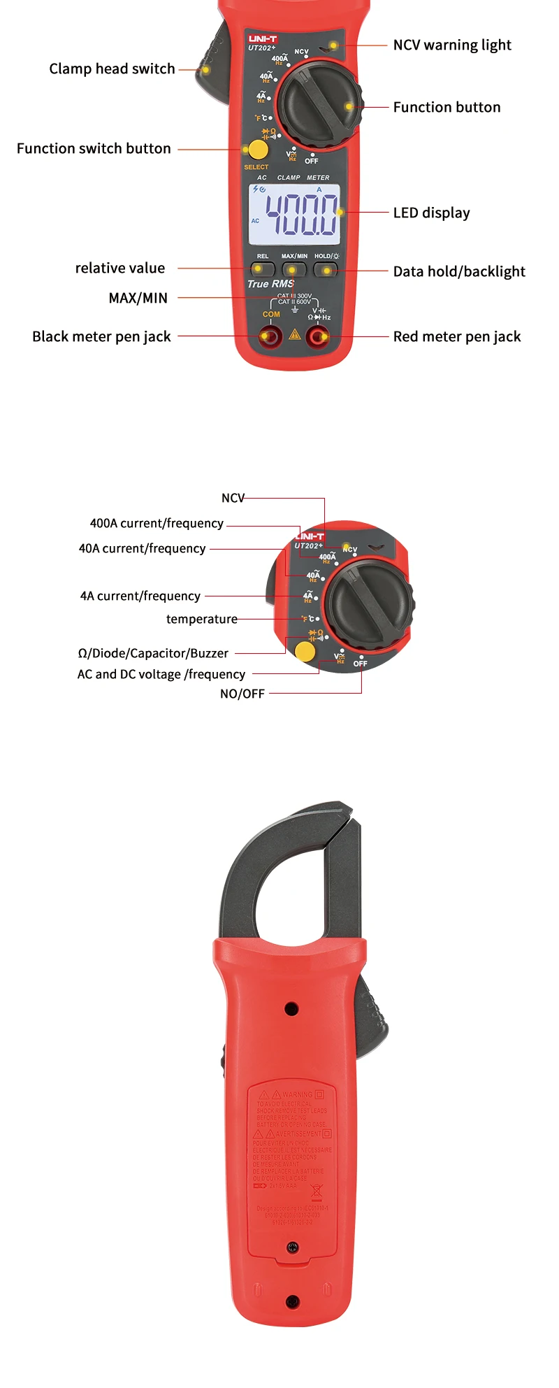 UNI-T UT201+/UT202+/UT203+/UT204+/UT202+ 400-600A цифровой клещи; Автоматический диапазон true RMS Высокоточный мультиметр