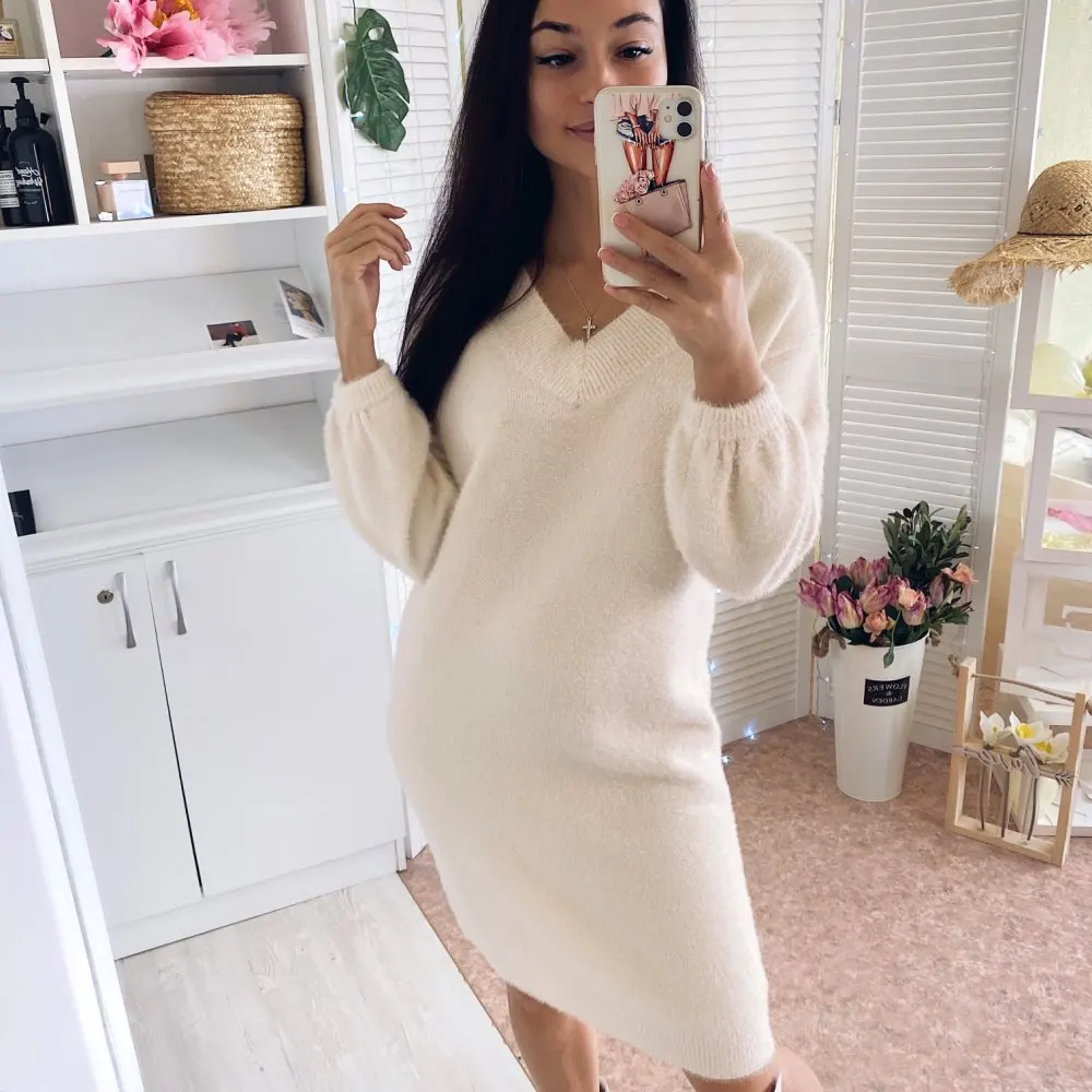 

HLBCBG V Neck Long Sleeve Sweater Dress Women Autumn Winter Loose Tunic Knitted Casual Clothes Above Knee Mini Solid Dresses