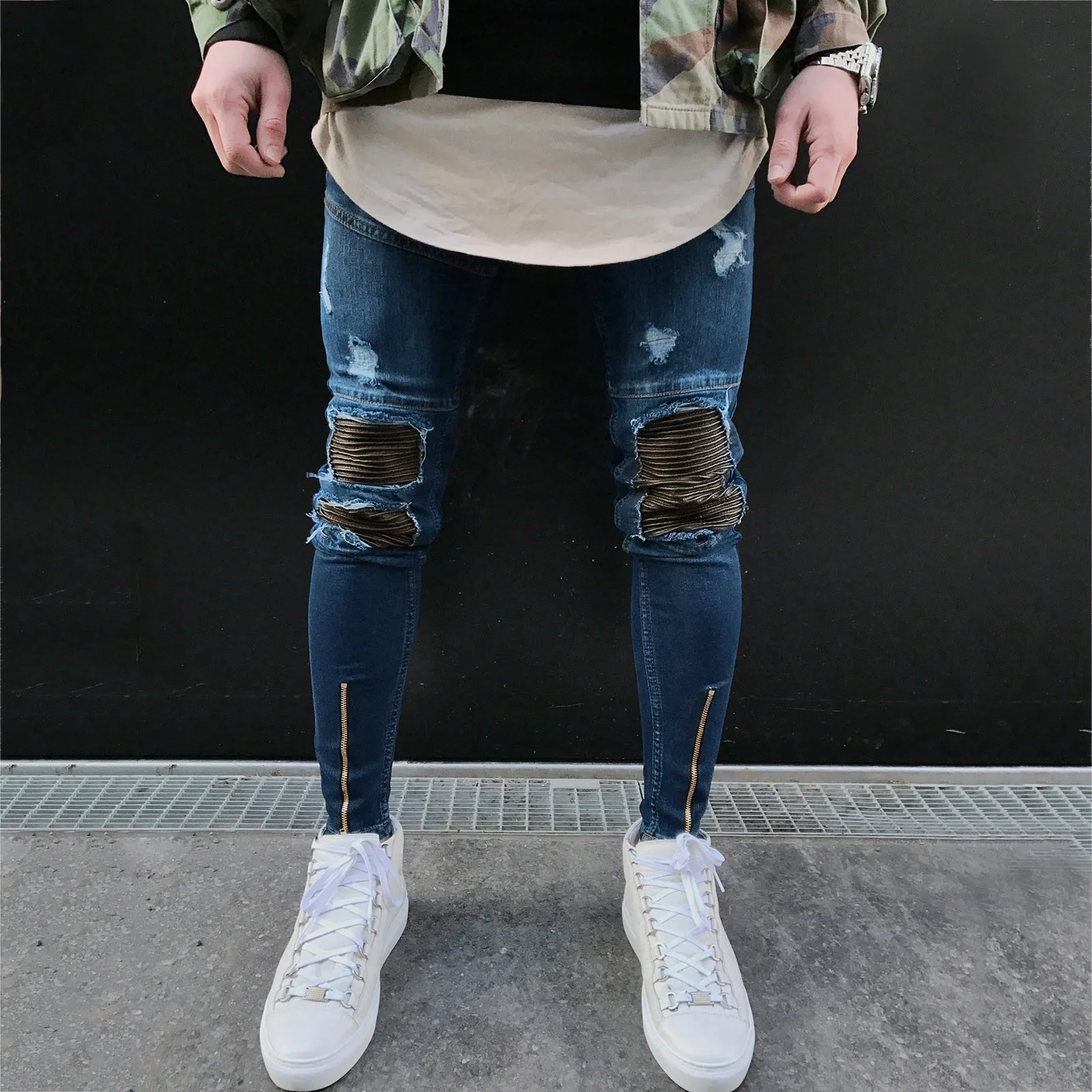 

Skinny Mens Hole Jeans Patch Stitching Straight Pants Casual Fitness Streetwear Pant Fashion Street Motorcycle Rider Trousers A5