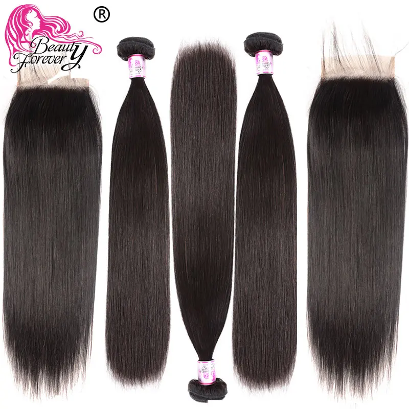 Beauty forever прямые малайзийские волосы 3 пучка s с 2 шт закрывания 4*4 же части Remy человеческих волос расширение пучок с закрытием
