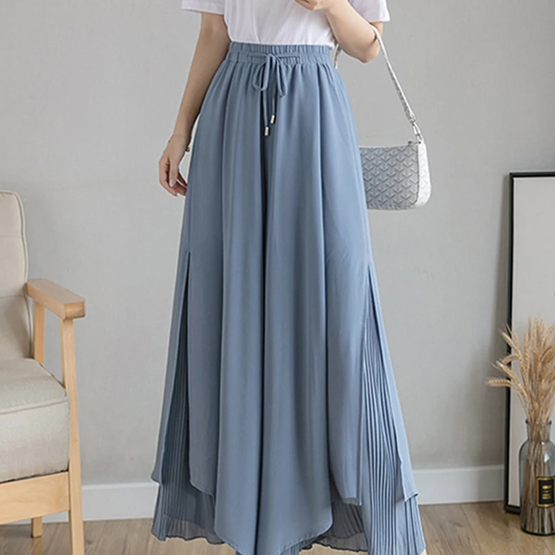 

Casual Solid Color Wide Leg Pants Elastic High-waist Pleated Women's Pants Loose Flowing Summer Female Chiffon Trousers