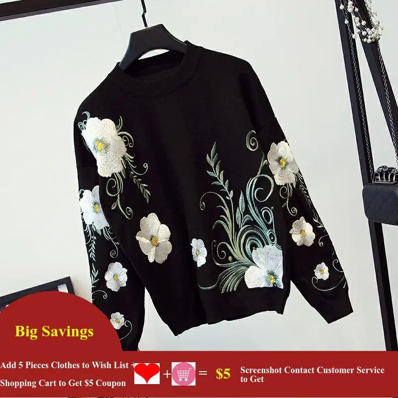 Women 2 Piece Pant Set Flower Embroidery Knitted Sweater Pullover Top + Long Pencil Casual Tracksuit Outfit 7491 | Женская одежда