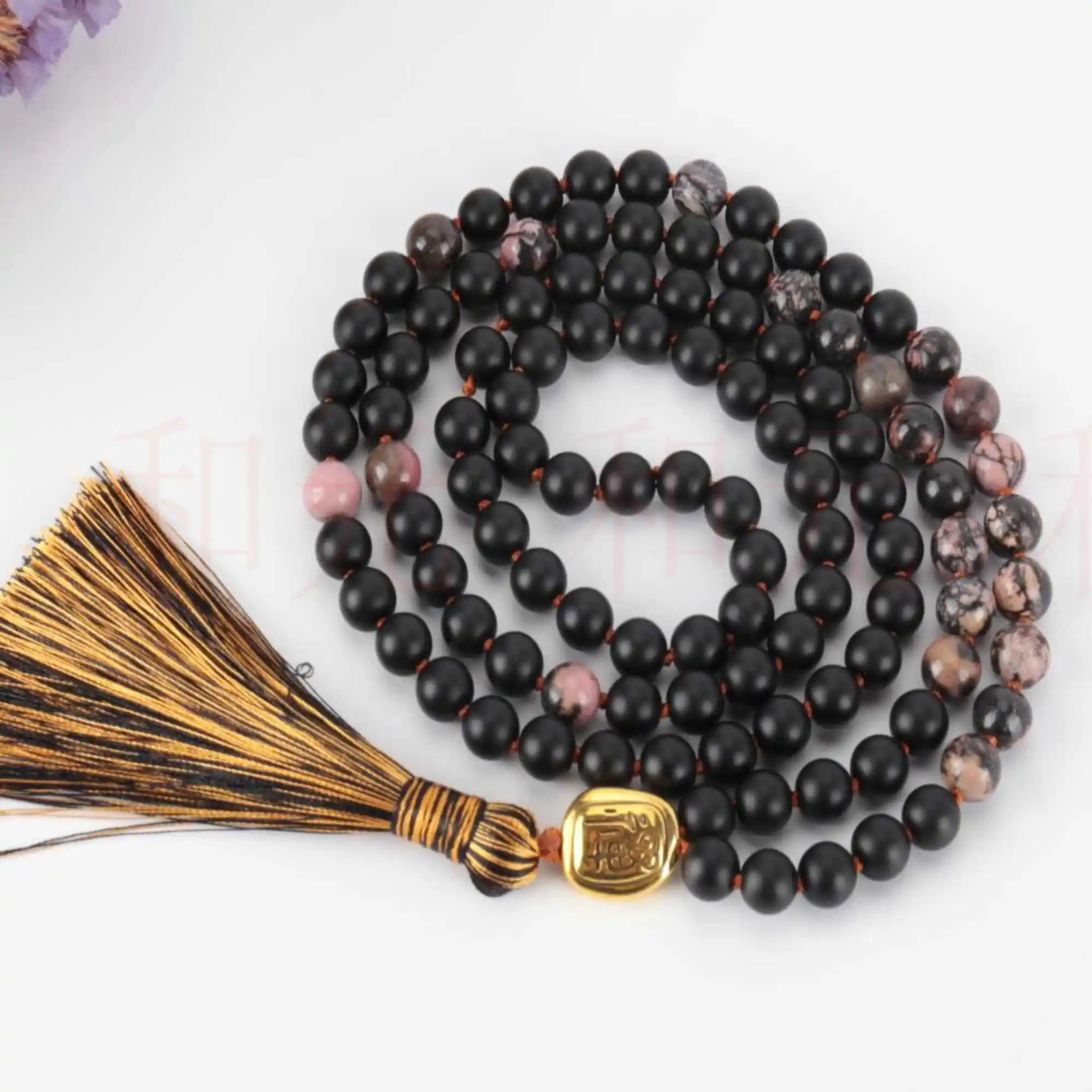 

8mm 108 Natural mala rose quartz black Obsidian bead necklace Chic Elegant Healing Glowing Wrist Bless Meditation Christmas Gift