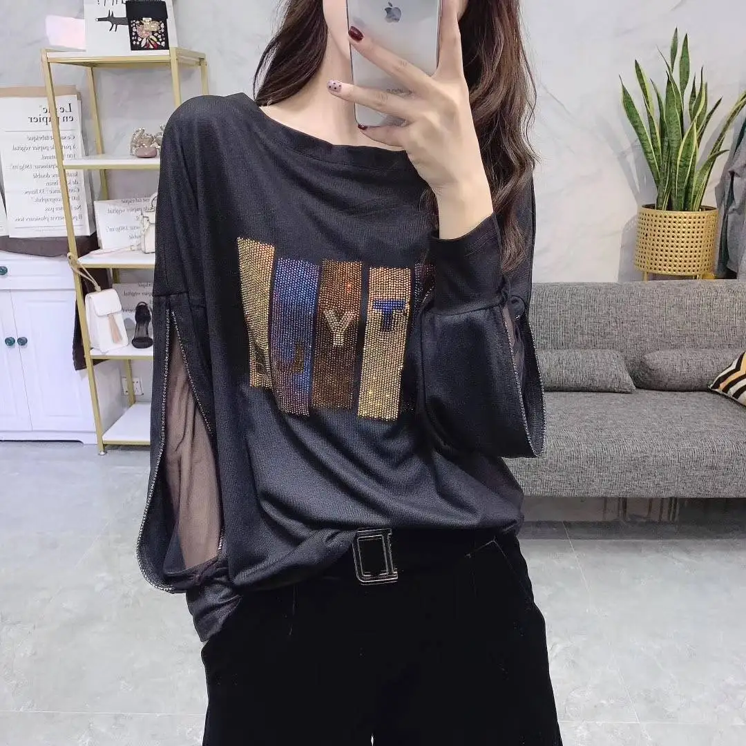 

2021 Spring and Autumn New Korean Version Loose Plus Size Bottoming Shirt Bat Sleeve Top with Hot Diamond Pattern Long Sleeves