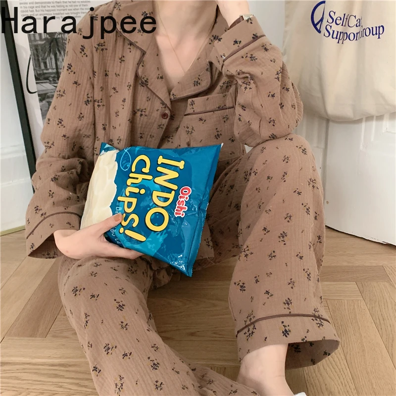 

Harajpee Pajamas Cotton Home Clothes Suit Long Sleeved Trousers Pajama Female Autumn Winter 2021 Printed Loose Two-piece Sets