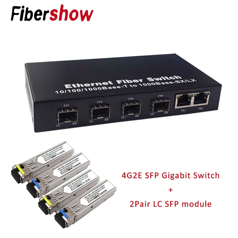 Гигабитный Ethernet коммутатор волоконно-оптический медиаконвертер 4 волокно sfp модуль порт 2 RJ45 10/100/1000 м UTP волоконный порт
