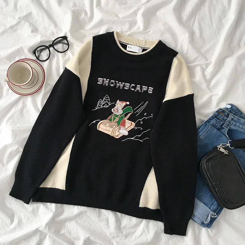 

New Women Vintage Sweater Fashion Autumn Winter Loose Korean Oversize Pullover Top Woman Cute Cartoon Embroidery Knit Sweaters