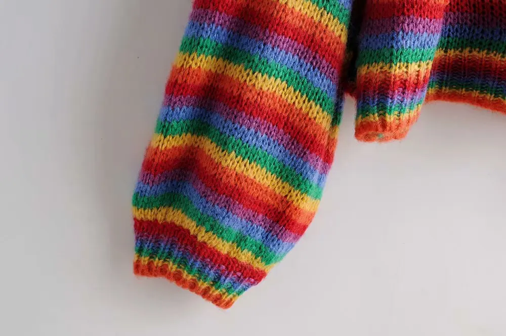 Женский Цветной полосатый Радужный свитер с длинными рукавами круглый воротник