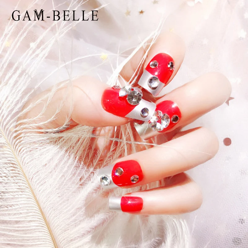 

GAM-BELLE французский Красный Длинный квадратный накладные ногти с 3D Стразы полное покрытие ложный пресс на ногти Сделай Сам Маникюр Инструмен...