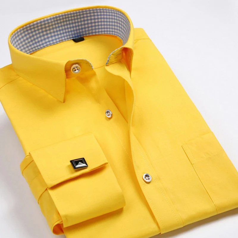 French Mens Tuxedo Shirts With Cufflink Yellow Regular Fit Plus Size Long Sleeve Luxury Wedding Party Stylish Party Male Blouse