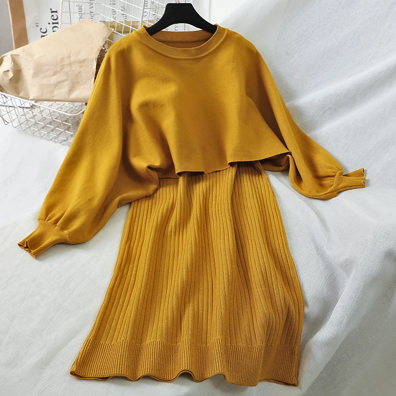 2019 Новая мода Женская одежда свитер + Висячие платья костюм из двух частей платье