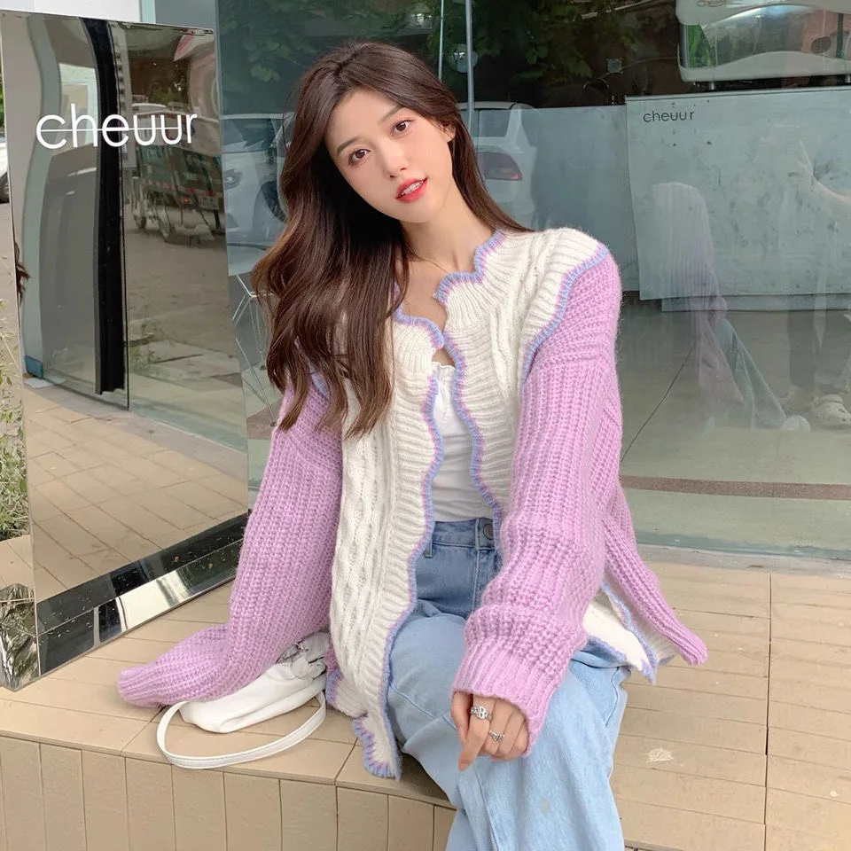 

Women Korean Long Sleeve Sweet Knitting Sweater Coat Female Winter Warm Kawaii Coats 2021 Autumn Patchwork Sweater Cardigan