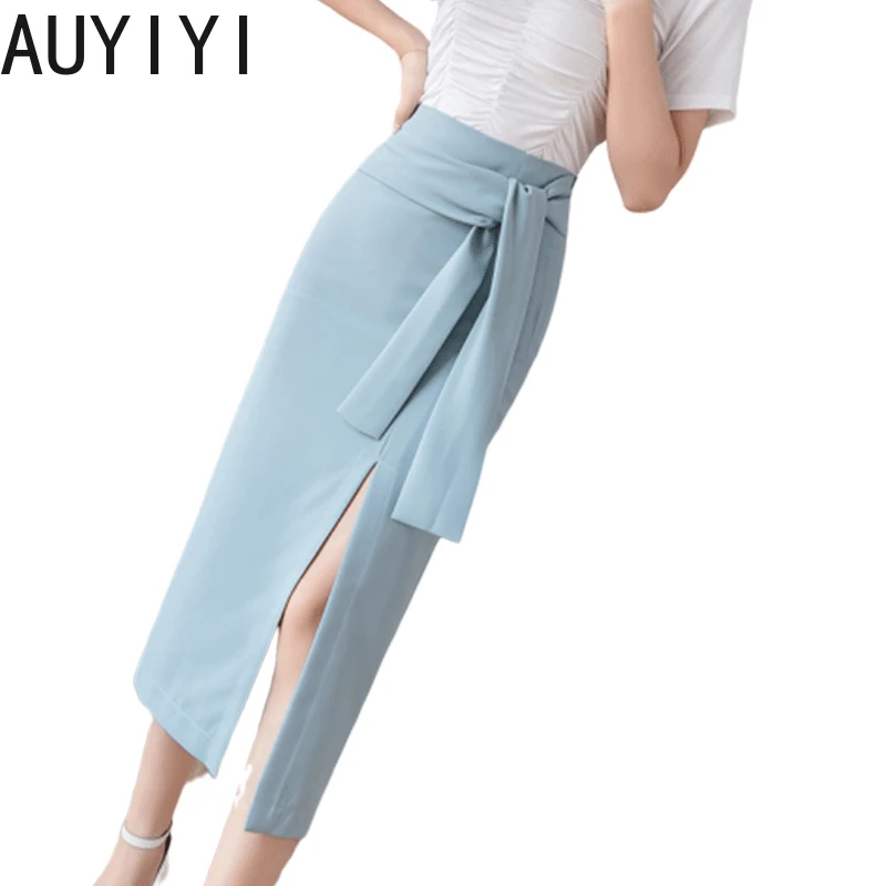 

Women's 2021 summer new Korean version of the high waist lace-up split net red sexy bag hip mid-length one-step skirt women