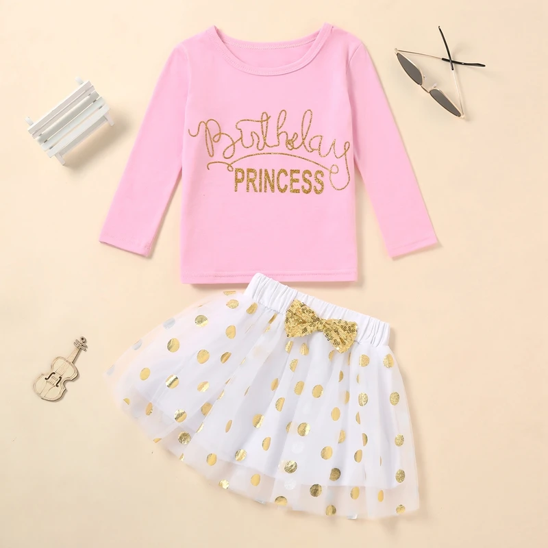 

Детские костюмы с юбкой для девочек, футболка с длинным рукавом и буквенным принтом, сетчатый эластичный пояс, пышная юбка в горошек