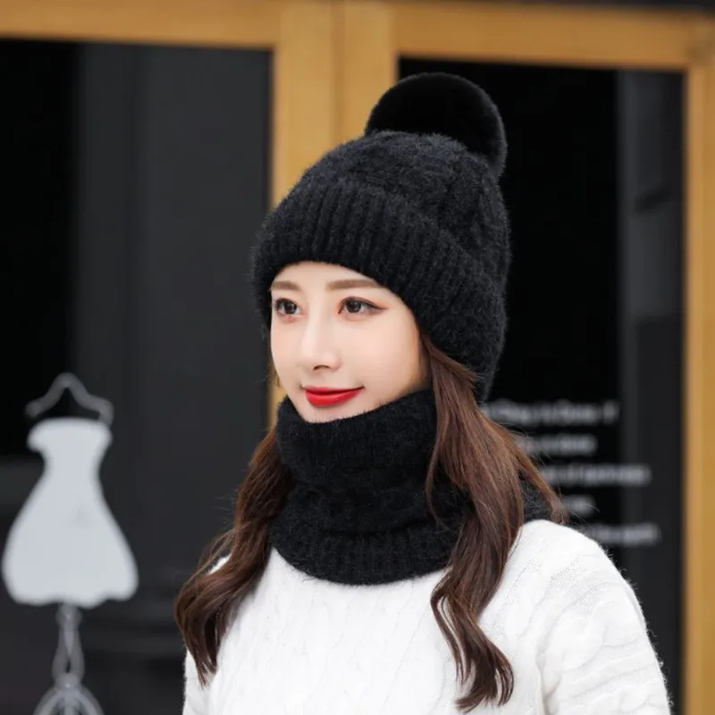 

2020 Fashion Hat Women's Winter Knit Hat Ball Collar Set With Scarf Thick Warm Solid Color Earmuff Caps sombrero mujer 1130