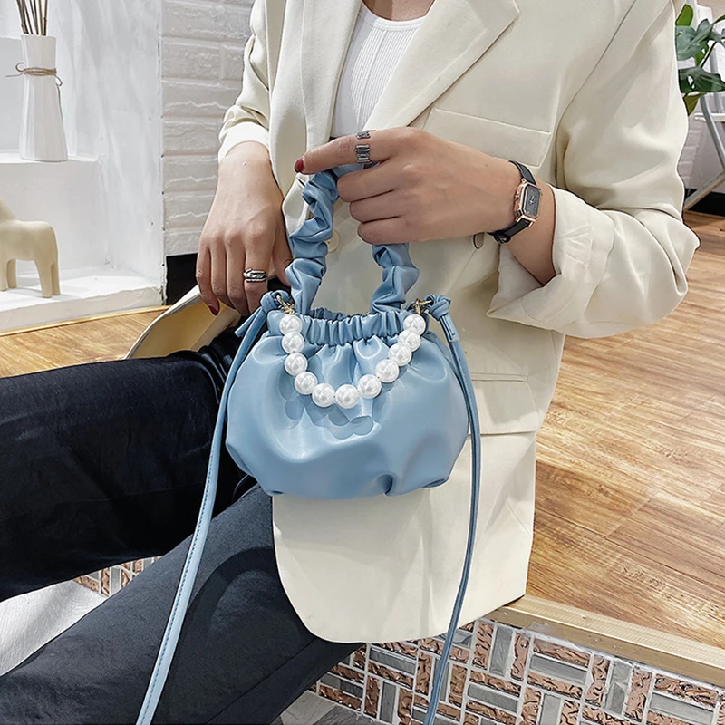 

Small Silk Drawstring Crossbody Bags For Women 2021 Elegant Bucket Bags Shoulder Handbags Female Travel Pearl Cross Body Bag