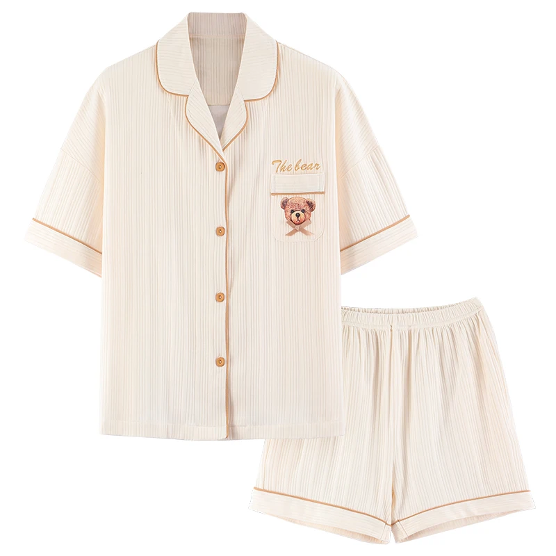 

New 100% Cotton Short-sleeved Shorts Ladies Pajamas Set Cute Cartoon Pajamas Japanese Simple Short Pajamas Women Home Service
