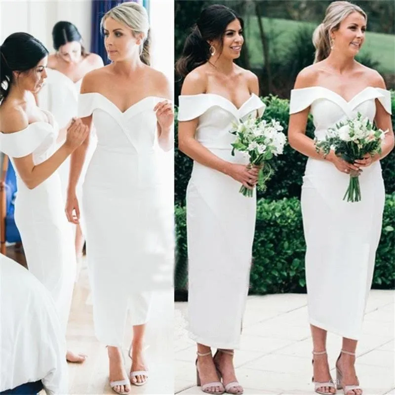 

Simple White Satin Sheath Bridesmaid Dresses Sexy Off the Shoulder Ankle Length Maid of Honor Gown Wedding Guest Dress Plus Size