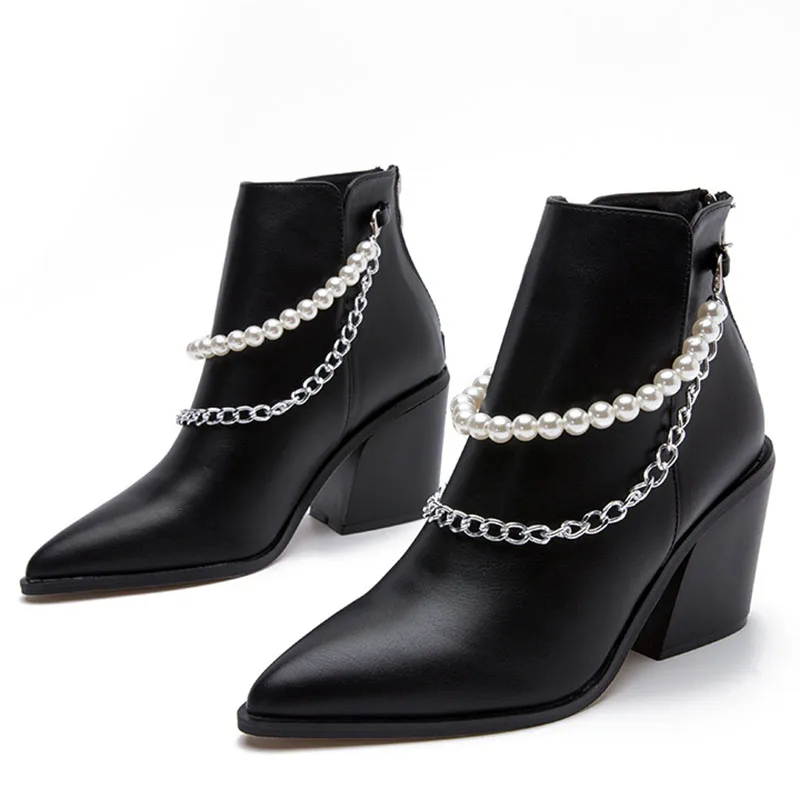 

Новые весенне-зимние женские ботинки-лодочки, Высококачественная Европейская Женская обувь на цепочке, Универсальные ботинки на высоком к...