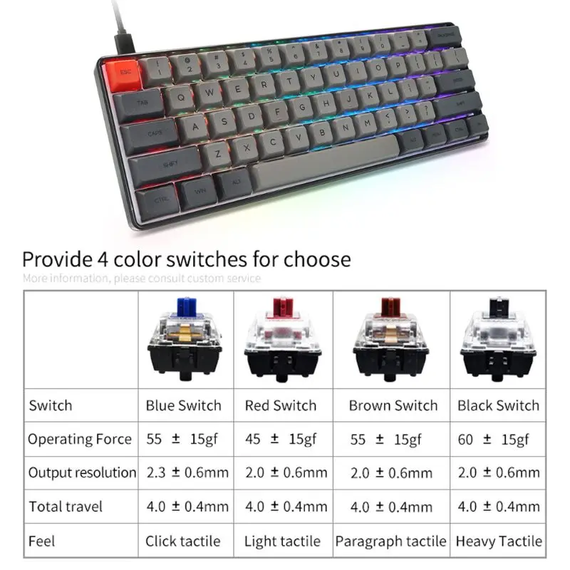 Портативная RGB-клавиатура SK61 PBT компактная Водонепроницаемая программируемая