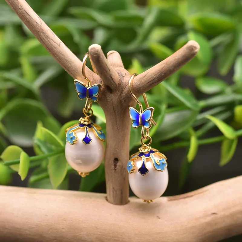 

Original Cloisonne Butterfly Drop Earrings Natural Freshwater Pearl Hook Handmade Women Fashion Jewelry for Wedding Party Gifts
