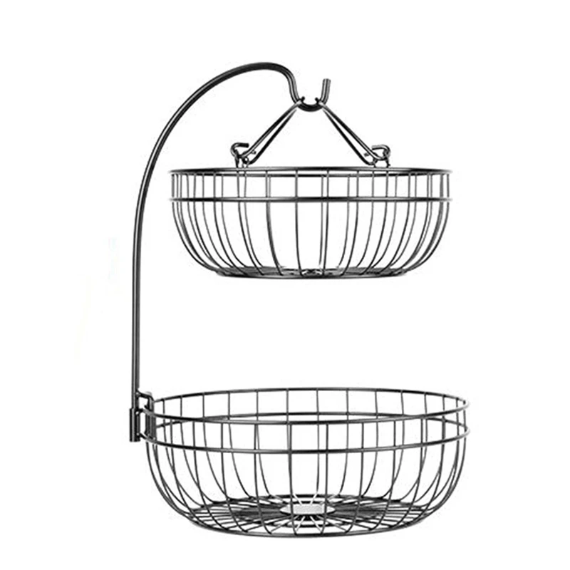 

Fruit Basket with Banana Rack 2 Tier Wire Vegetable Storage Stand Detachable Bread Round Holder for Kitchen Countertop