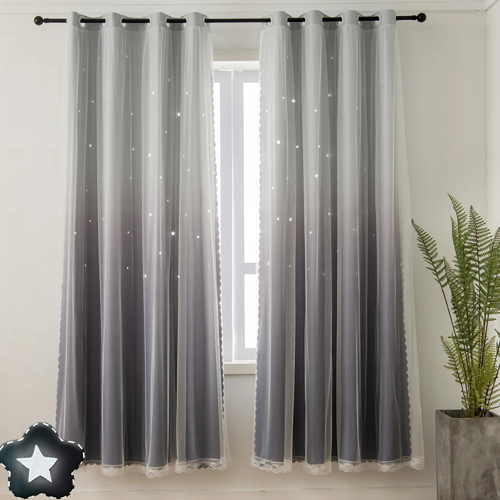

Blackout Curtains For Living Room Luxury Set Bedroom Gradient Color Door Window Hollowed Out Stars Curtain Darkening Panel Drape