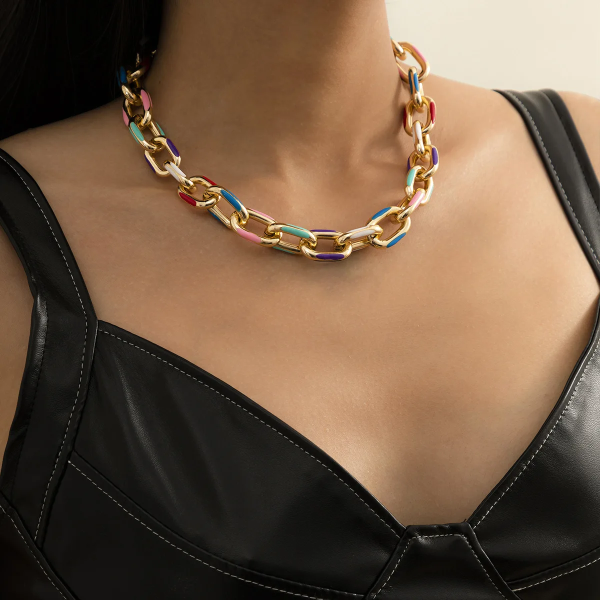 

Punk Thick Cuban Choker Necklace for Women and Men Colorful Dripping Oil Metal Short Necklace Rock Hip Hop Chunky Jewelry