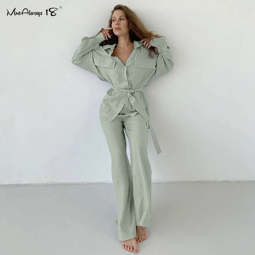 

Mnealways18 Fashion 2021 Orange Autumn 2Piece Woman Set Pocket Belted Office Suit Female Long Sleeve Shirts And Pantsuits Outfit