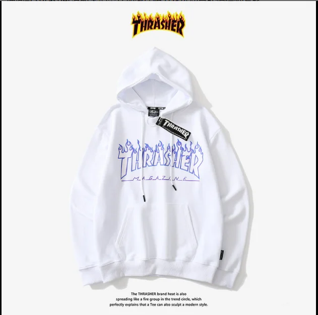 

2021 Men's and Women's Hooded Flame Print New Hooded Skateboard Flame Men's and Women's Plus Fleece Hooded (Imitation)