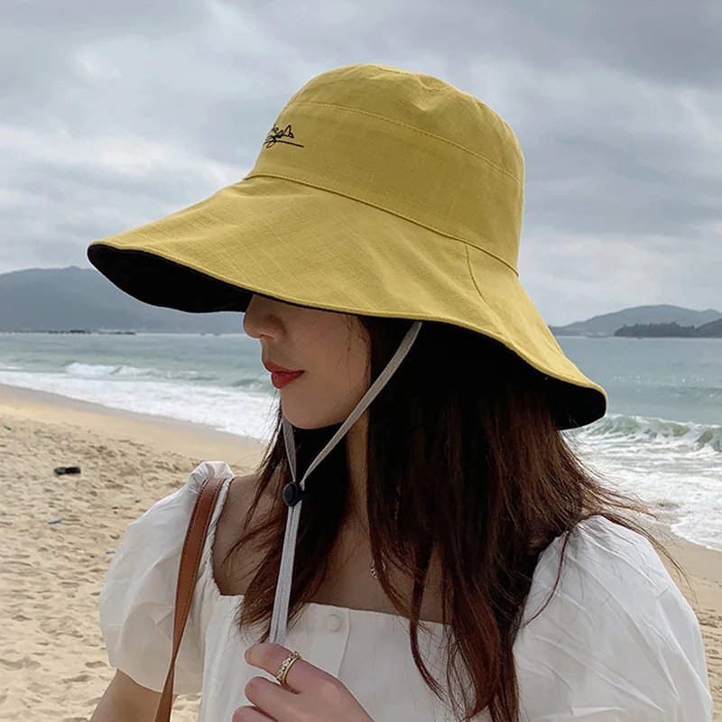 

Women Wide Brim Bucket Sun Hat Cotton Cloth Beach Hats Fisherman Caps Double Sided Sun Protection Solid Color Casual
