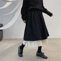 2020 autumn women skirt cotton linen elastic waist double layer patchwork thick mid calf skirts dark gothic dress japan style