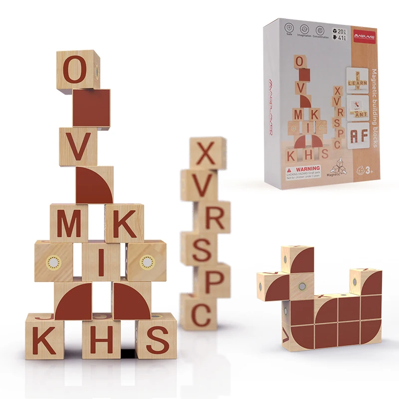 

Magnetic Wooden Blocks 20PCS Wood Toy English Alphabet Magnetic Building Blocks Preschool Educational Toys for Baby