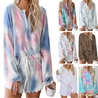 summer new women suit pajamas tie dye printed ruffle short casual suit long sleeve top and shorts two piece pajamas hot sale