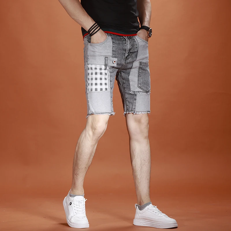 Summer Men Gray Denim Shorts Fashion Printed Patchwork Short Jeans