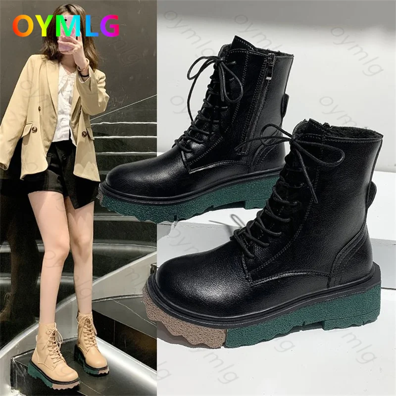

Martin boots autumn shoes 2021 new winter fleece thick bottom black lace-up ankle boots female spring and autumn single boots