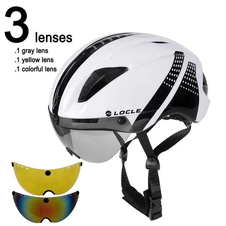 LOCLE, 3 линзы, Aero TT, для шоссейного велосипеда, велосипедные очки, шлем для велоспорта, защитный шлем для верховой езды, мужской, скоростной, пробный, шлем двойного назначения 280 г - Цвет: White Black 3 Lenses
