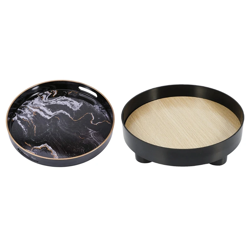 2 Pcs Round Decorative Tray Home Use Desktop Decoration Tea Tray, 30 X 30 X 7.2 Cm & 33 X 33 X 4.2 Cm