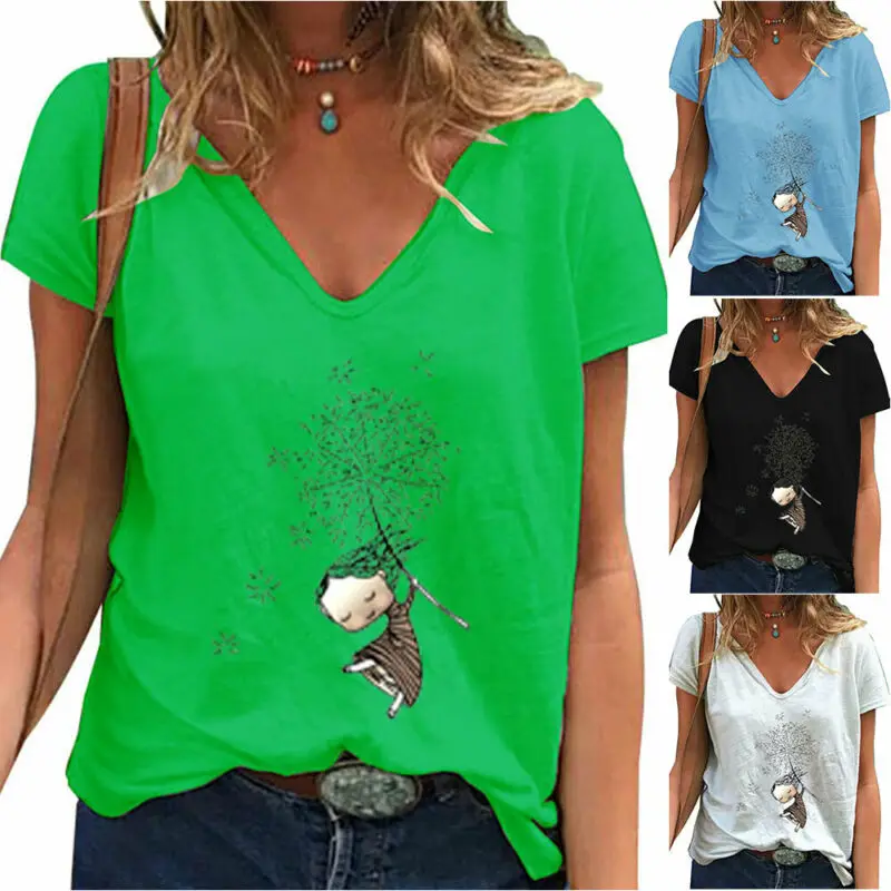 

Womens V Neck Short Sleeve T Shirts Ladies Casual Loose Tops Summer Tees Blouse
