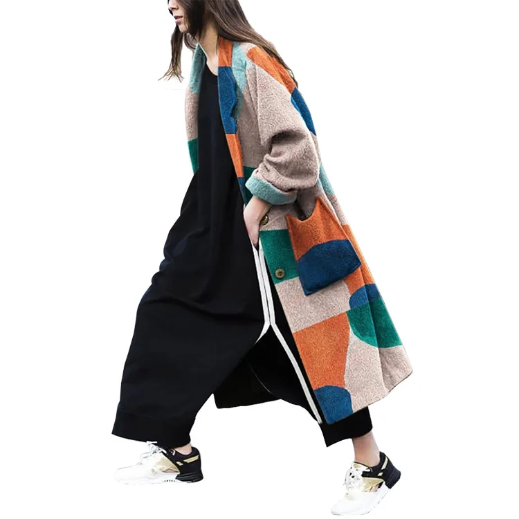 

SuperAen Fashion Turn Down Collar Print Patchwork Full Long Coat Women Jackets