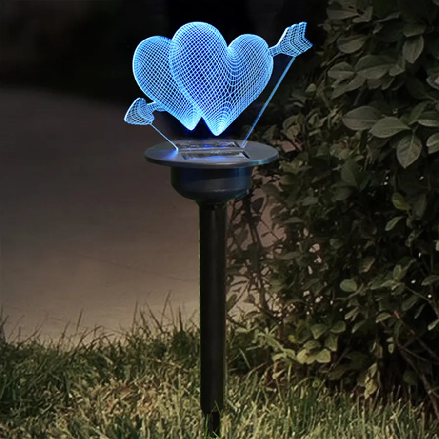 Lámpara de ilusión 3D alimentada por energía Solar, iluminación LED impermeable de paisaje, corazón, búho, luces de jardín para camino al aire libre, pasarela, Patio