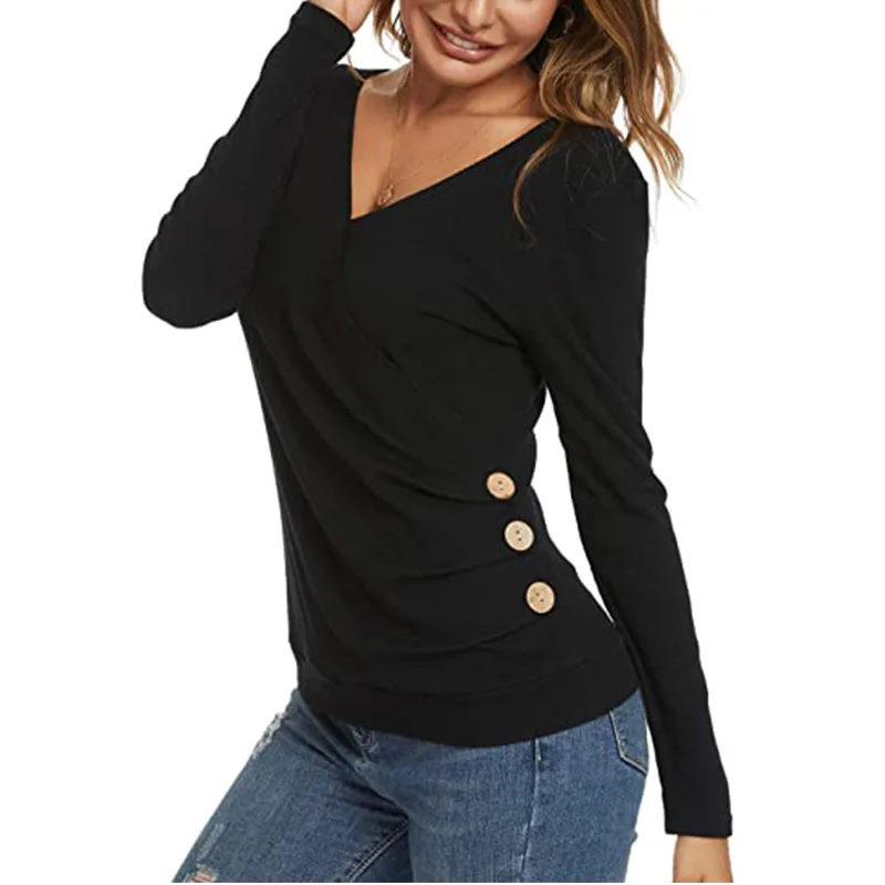 

Top women's new V-neck button irregular long sleeve casual T-shirt
